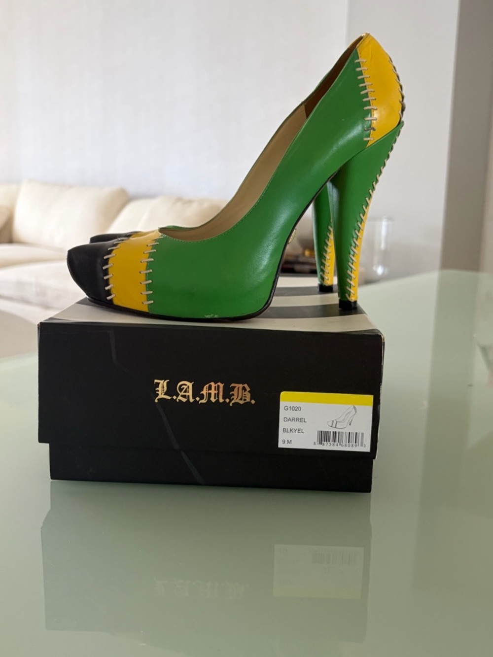 L.A.M.B. Green Yellow Black Colorblock Leather Pumps